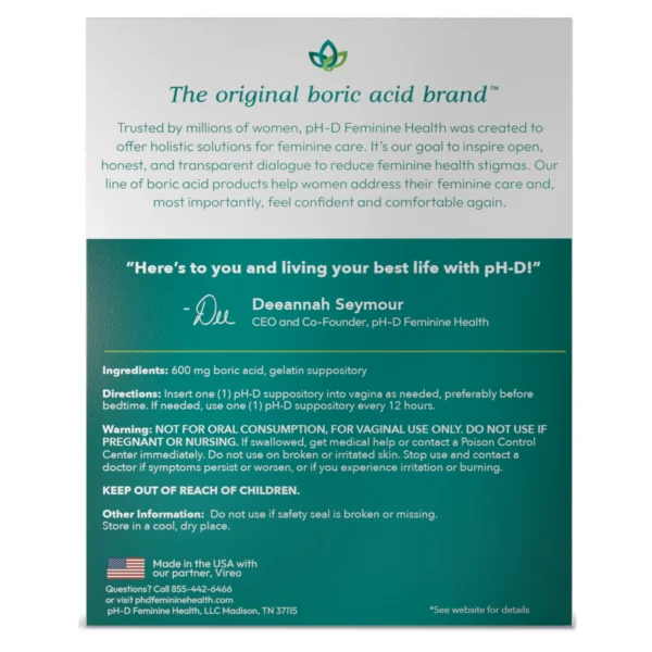 pH-D Feminine Health Boric Acid Vaginal Suppositories for Women's Health, 24 Count - Image 2